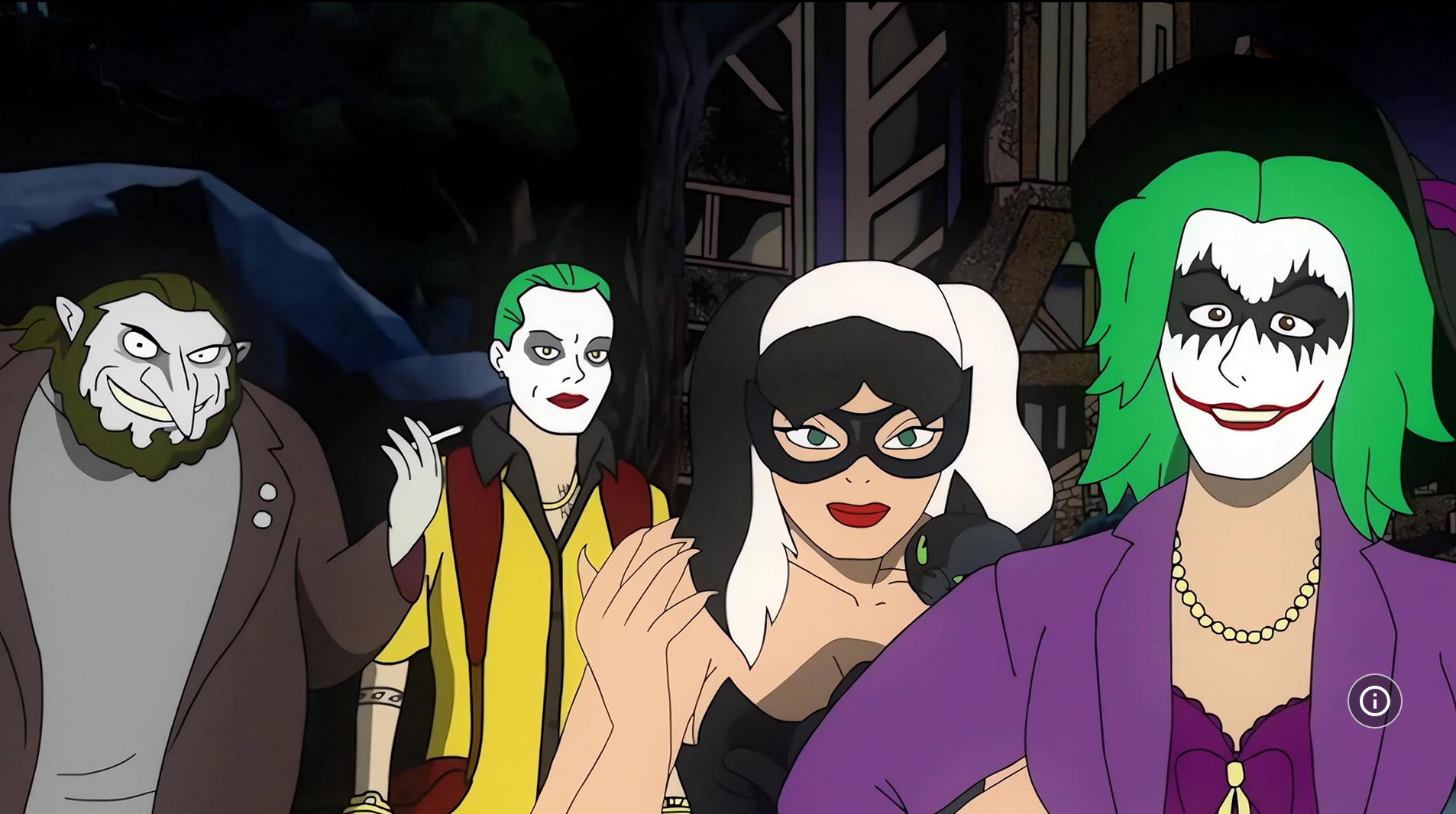 Penguin, Mr.J, Cat Woman and Joker the Harlequin rendered in a 2D animation style