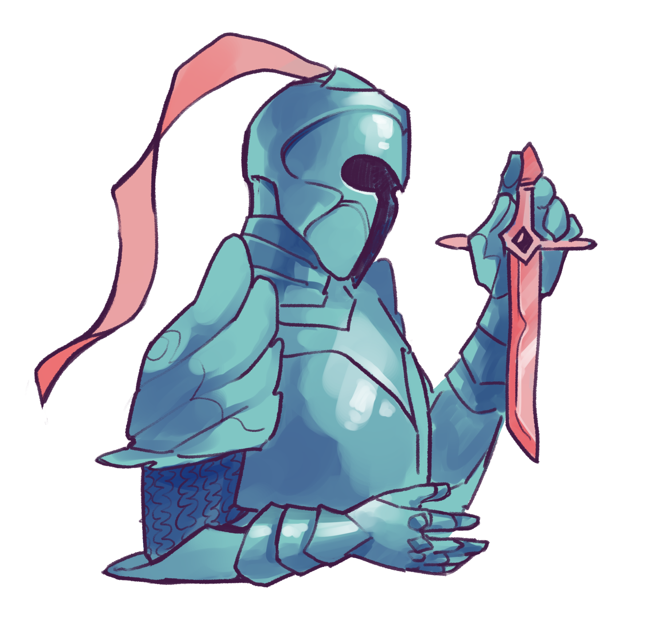 Decorative image of teal knight holding a pink knife.
