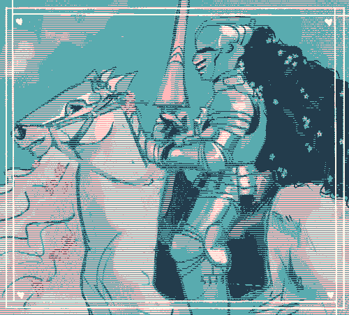 A dithered knight on horseback in blue and pink