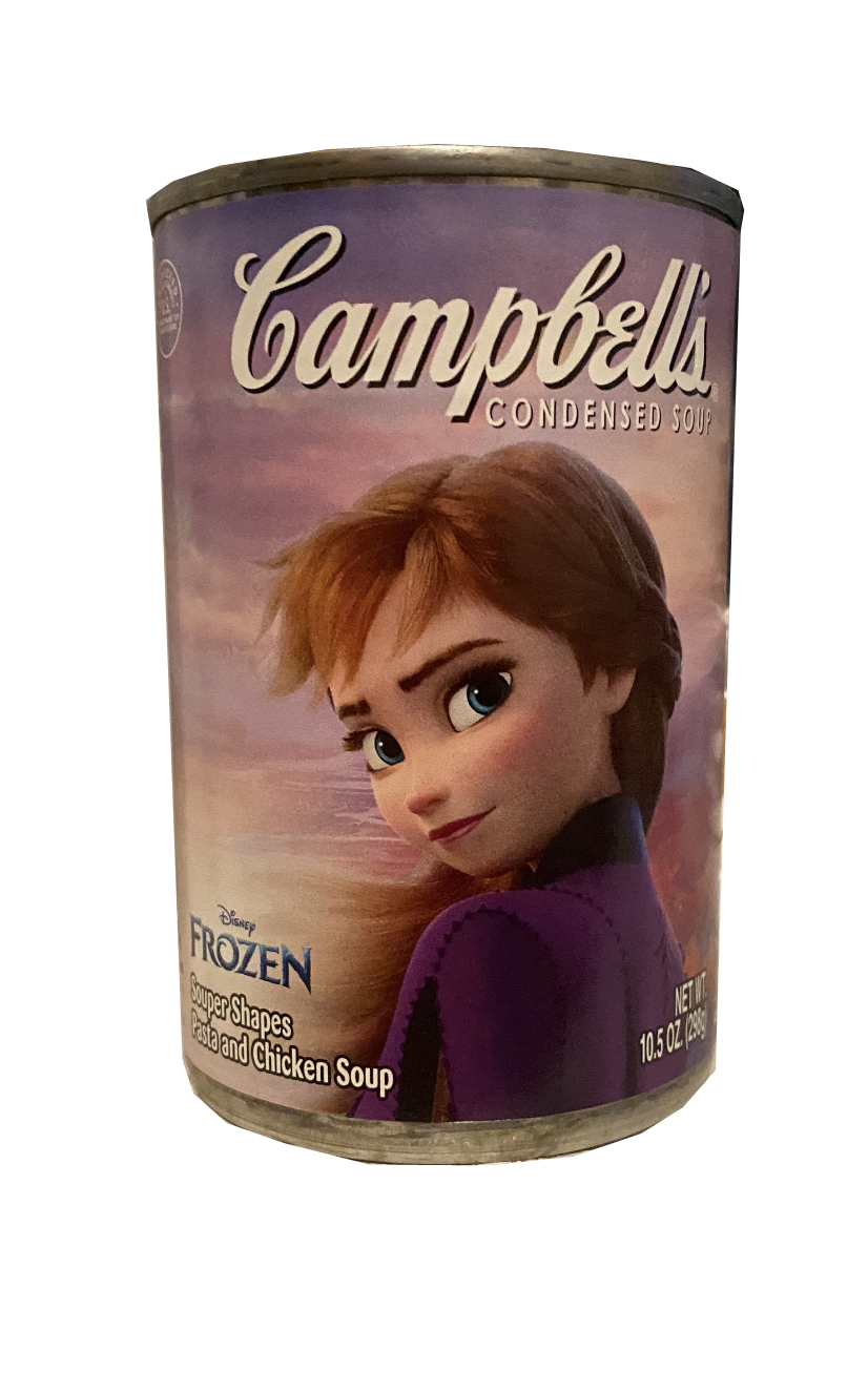 A can of campbells soup with an image of Anna from frozen