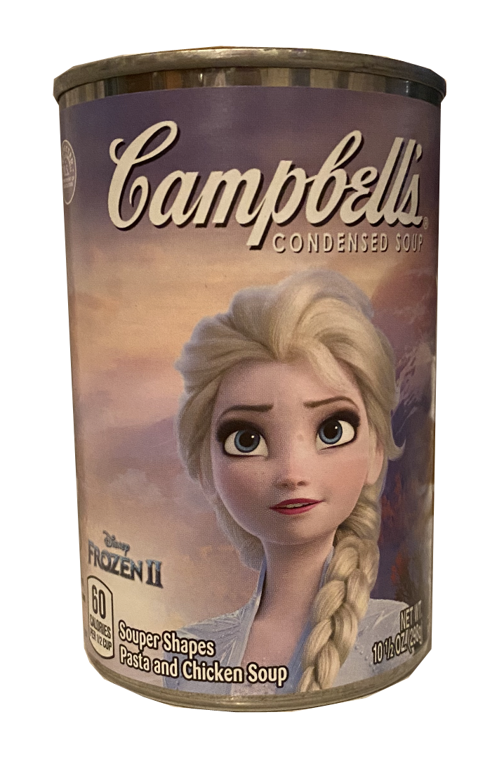 A can of campbells soup with an image of Elsa from frozen