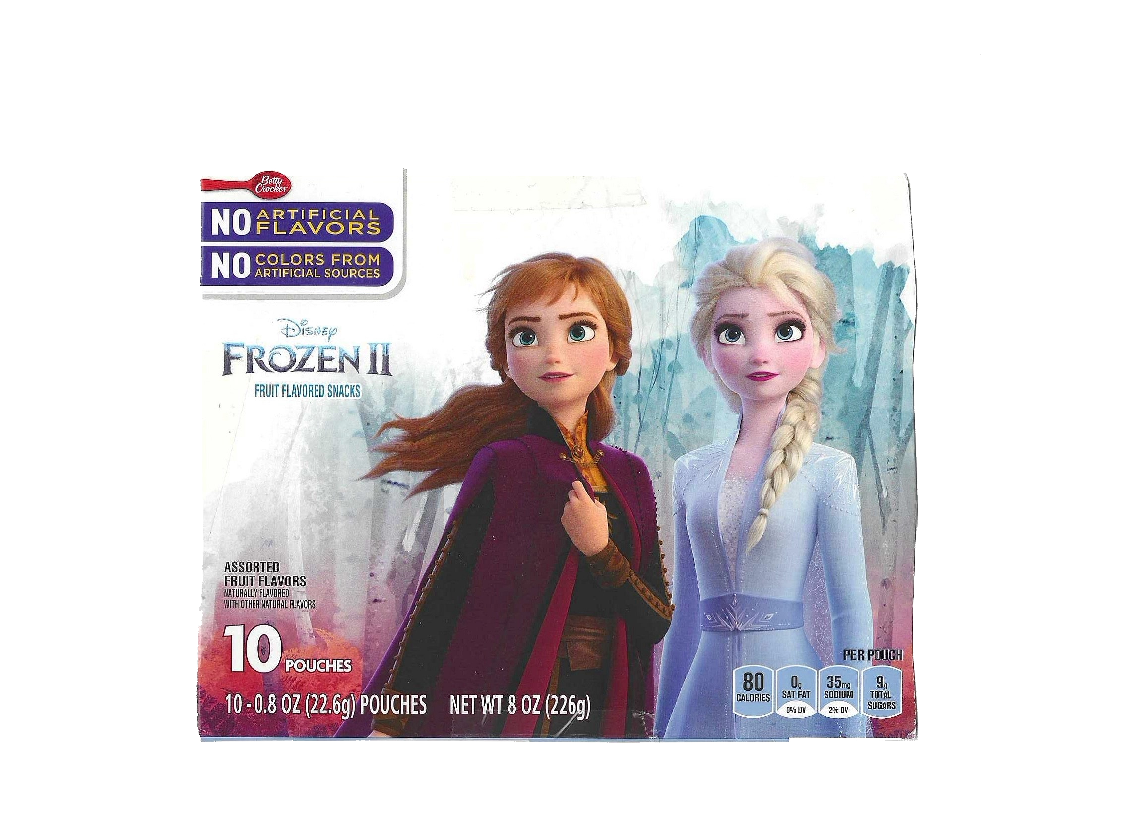 The front of a Frozen 2 themed fruit snack box.