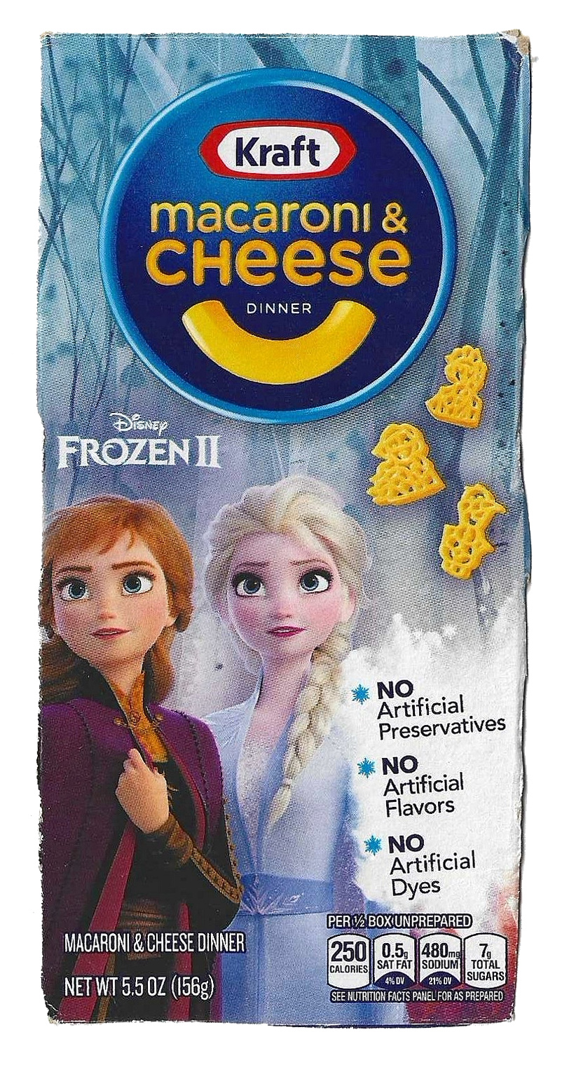 The front of a Frozen 2 themed kraft mac and cheese box.